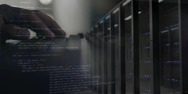 Image containing server racks and hands typing on a keyboard.
